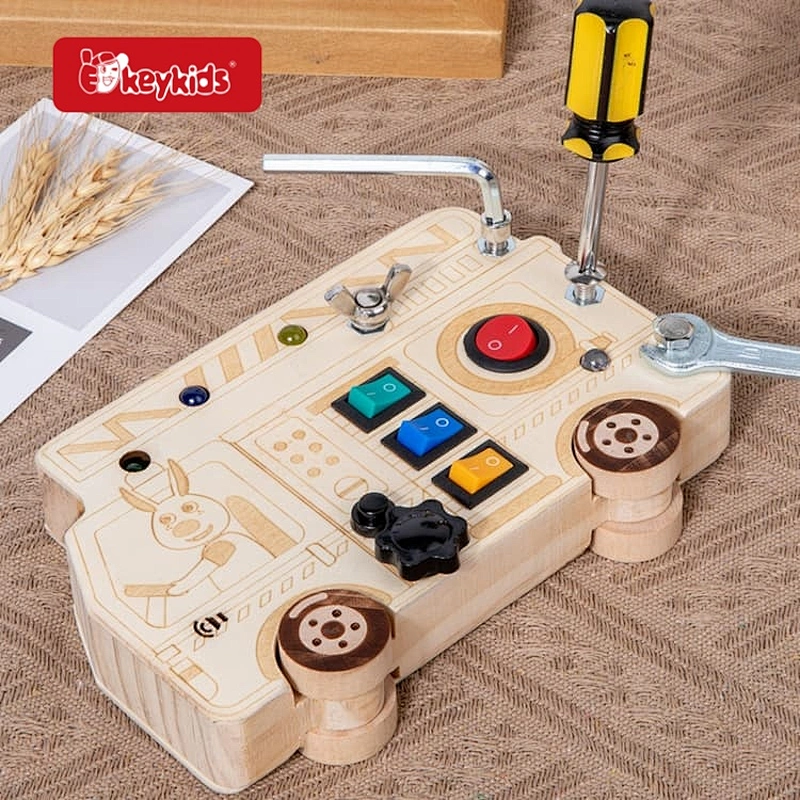 2026 New Car Shaped Wooden Busy Board, Montessori Tool Activity Toy with Switches, Nuts and LED Lights for Toddlers W12D933